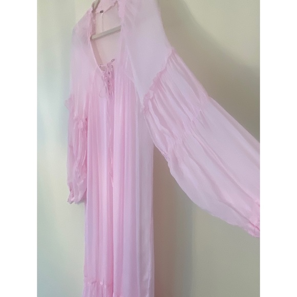 $198 FREE PEOPLE BLOUSON MIDI DRESS NEW PINK SHEER SILKY NEW MAXI LARGE - Picture 10 of 11